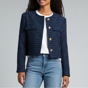 Zara Tweed Cropped Blazer Jacket Blue Brown Textured Houndstooth Medium
